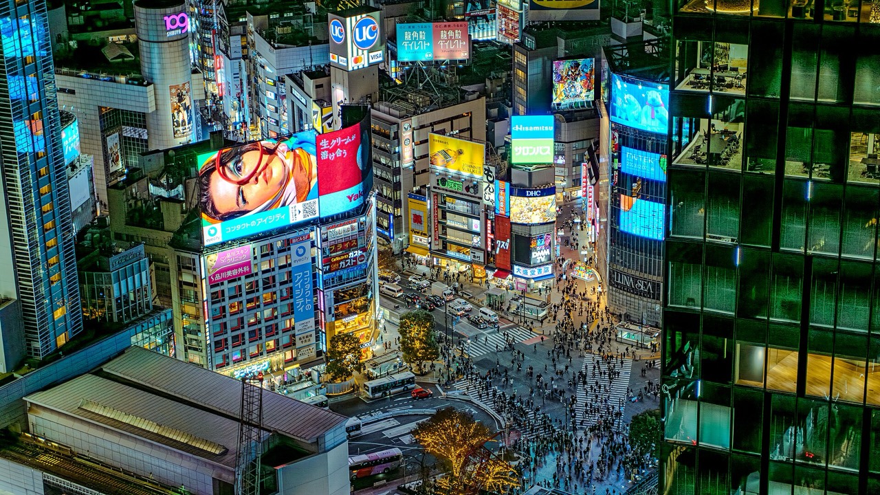 Shibuya Scramble Crossing at night seen from above